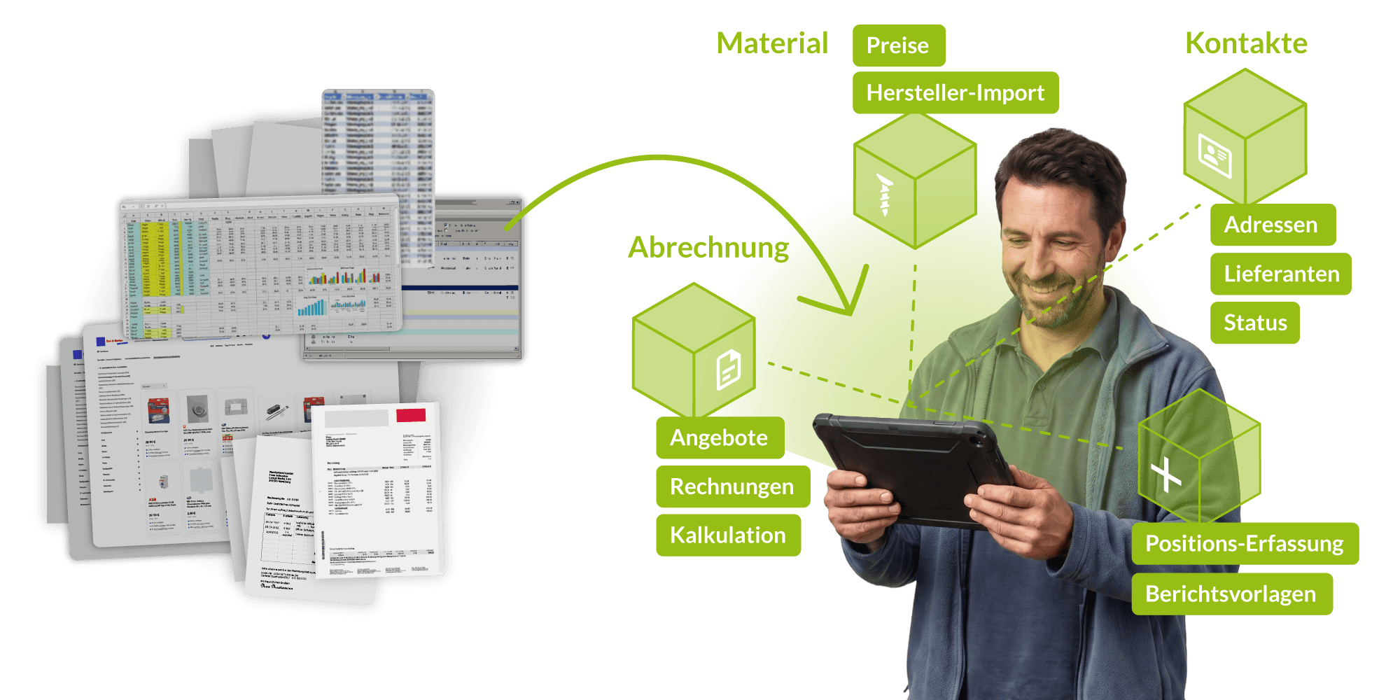 Handwerker mit Tablet, umgeben von Symbolen für Angebote, Rechnungen, Kalkulation, Preise, Adressen und Lieferanten – die neue Digiholz Komplettlösung